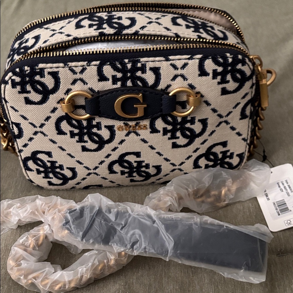 Guess Navy and Cream Crossbody Bag with Gold Accents